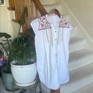 Biba Embroidered White Cotton Beaded Sleeveless Dress